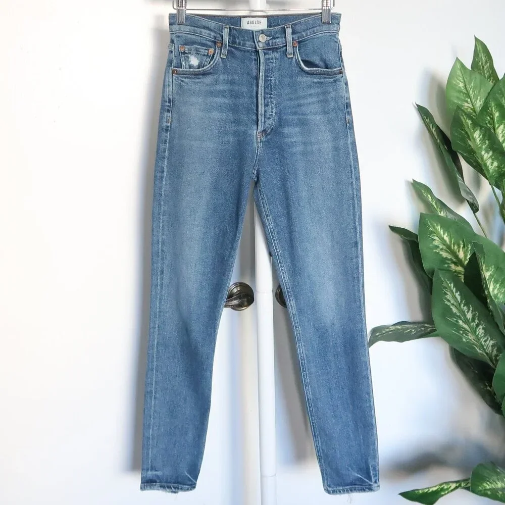 Agolde Riley High Rise Straight Leg Crop Slim Skinny Moore Blue Denim Jeans 25